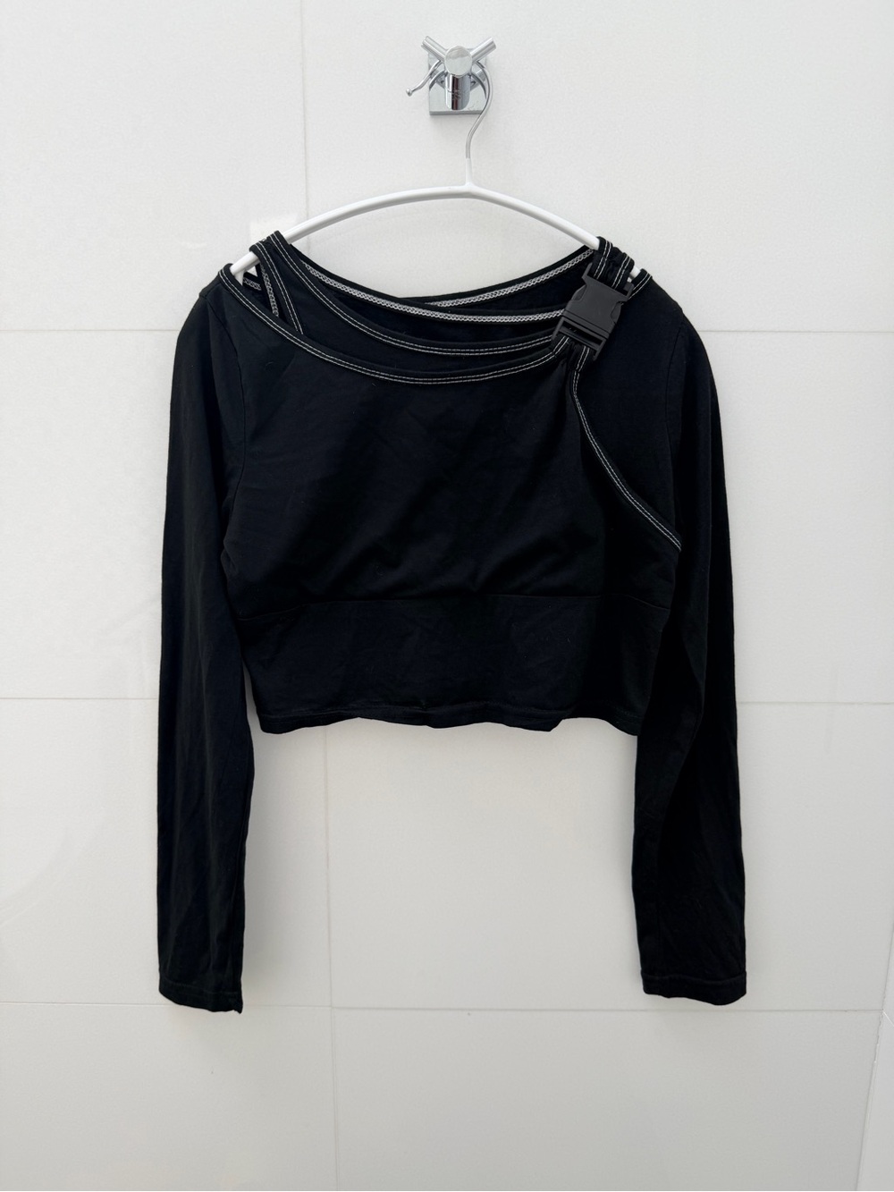 Black Asymmetric Long-Sleeve Crop Top with Buckle Detail
